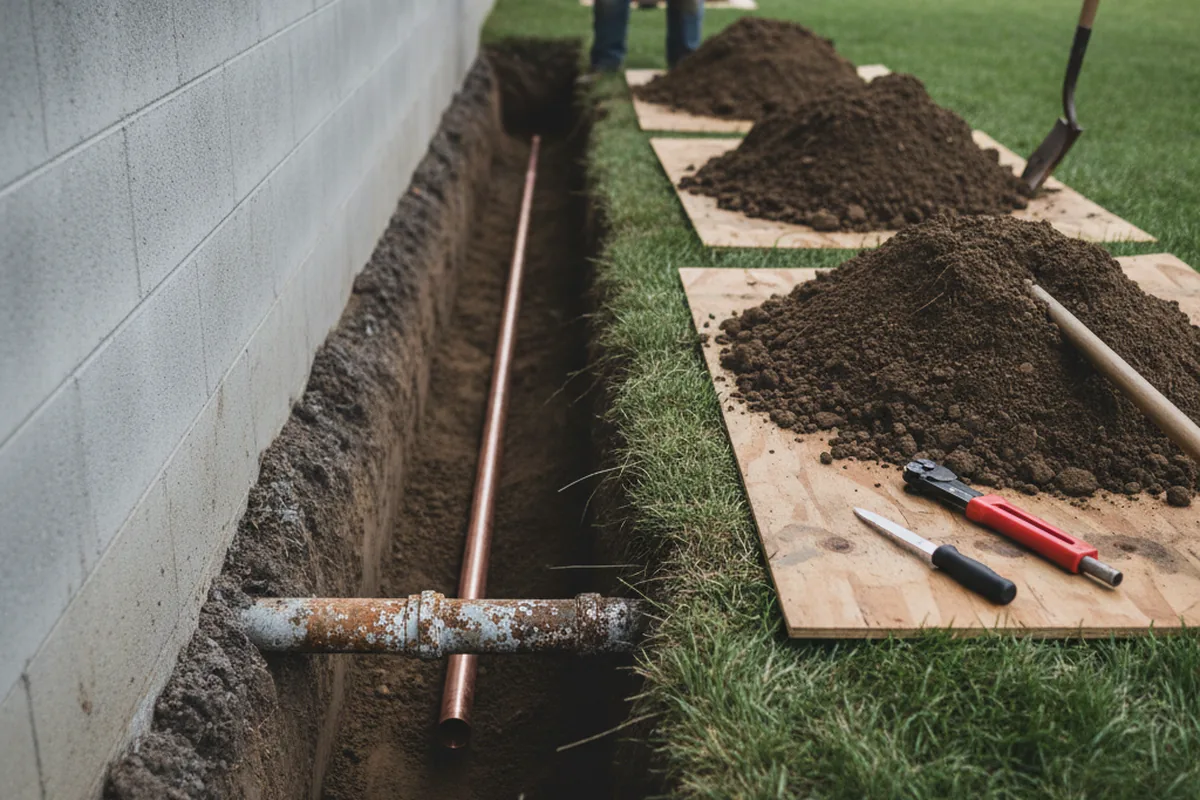 Excavated water line trench during Water Heater Repair in Landisville